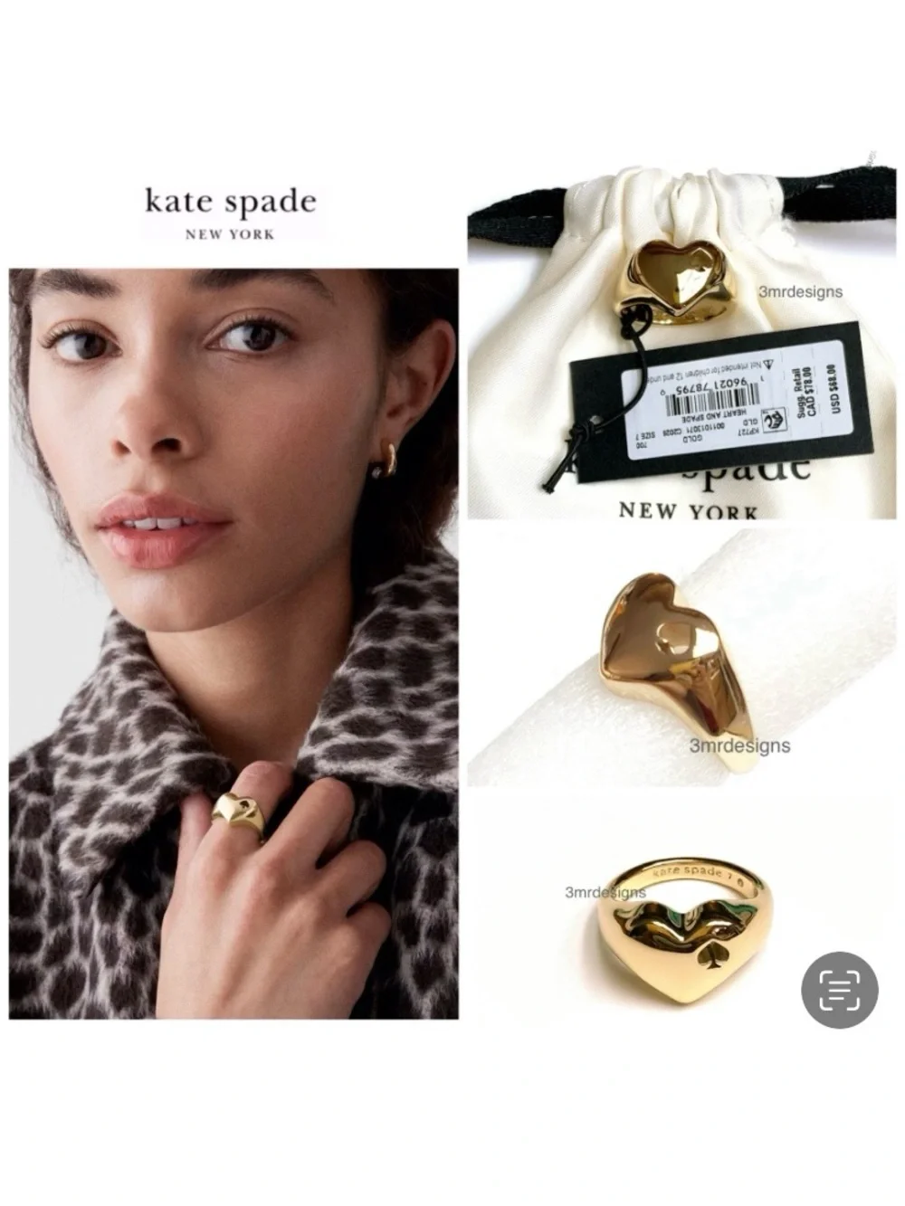 NWT Kate Spade ♠️ HEART & CUTOUT SPADE 12-K Gold Plated Signet Ring